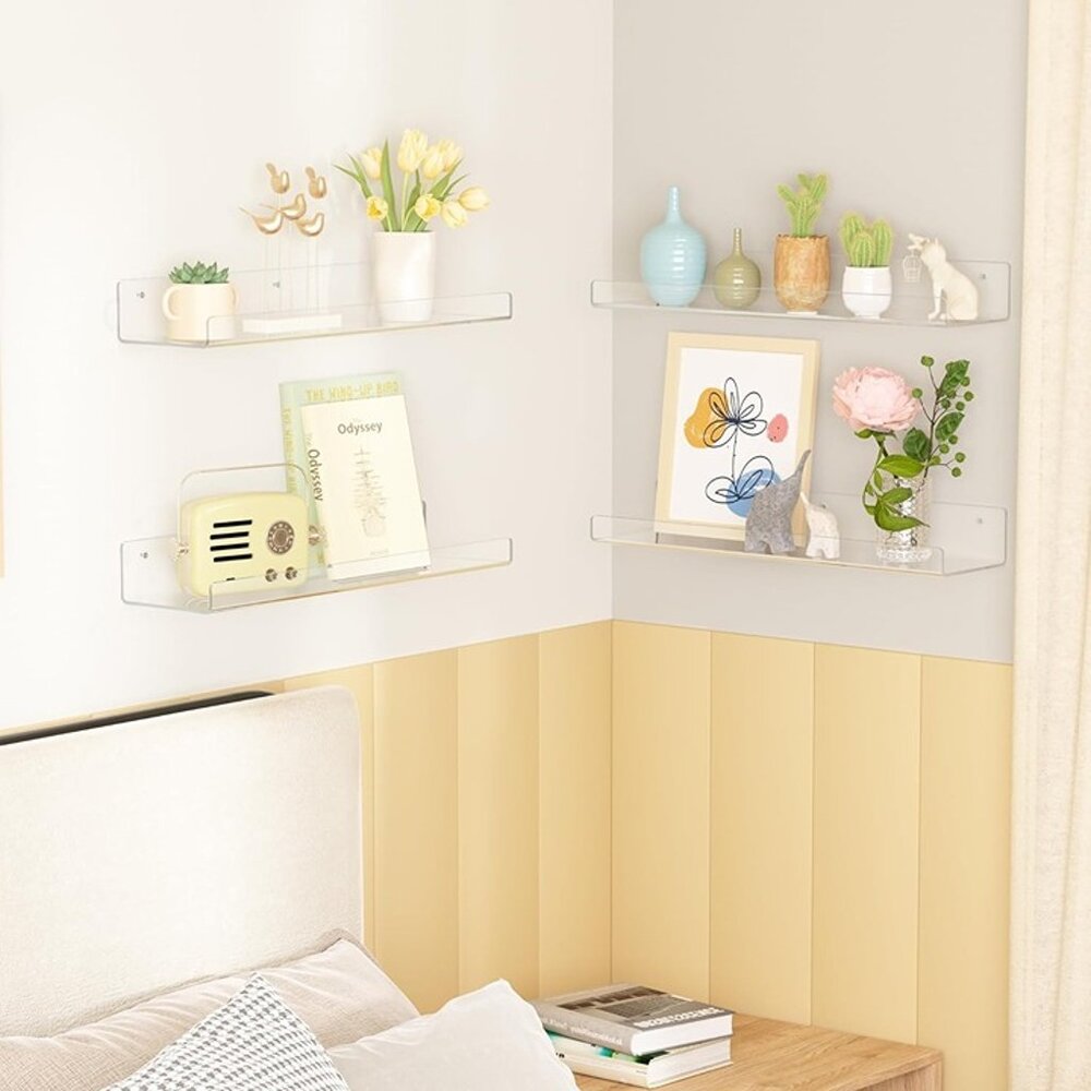 NEW 4 Pack Acrylic Shelves for Wall Storage, 15" Floating Bookshelves - Picture 7 of 8